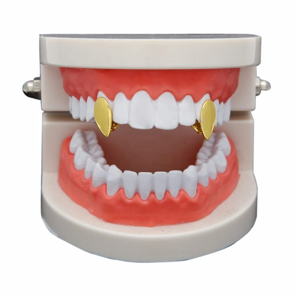 

Amazon Hot Sale Design Hip Hop Real Gold Plated Grillz Single Top Grill Vampire Fang Teeth Grillz Halloween Gift For Party