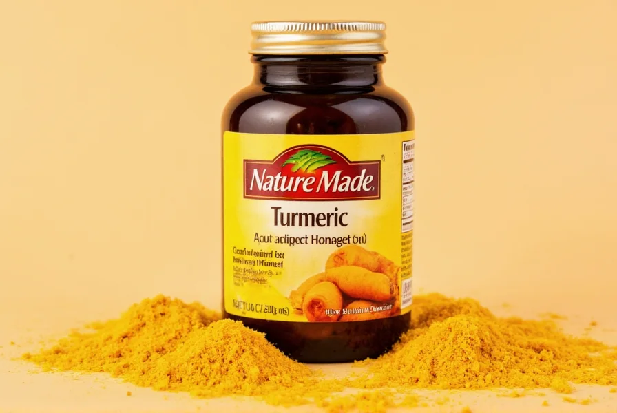 Nature Made turmeric supplement bottle next to fresh turmeric root