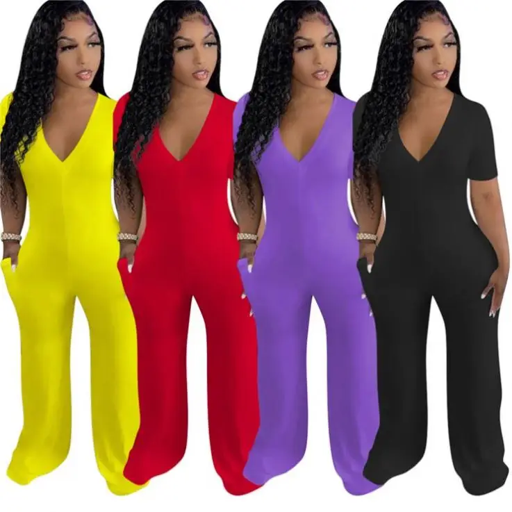 

Ckfashion Best Seller 2021 Summer Solid Color Short Sleeve Wide Leg Jumpsuit Women One Piece Jumpsuits And Rompers