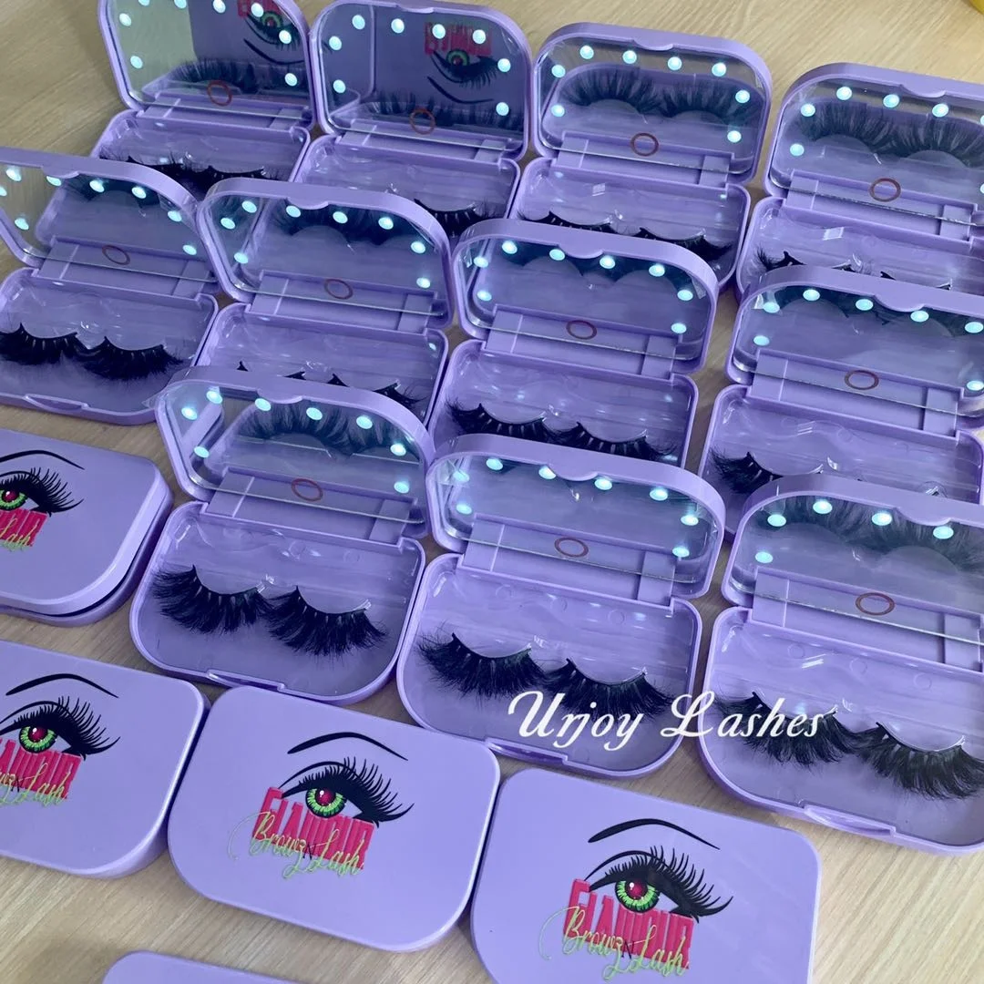 

Private Label Real Fluffy 3D Mink Eyelashes Led Lash Box with Led Makeup Mirror Purple Lashbox, Natural black