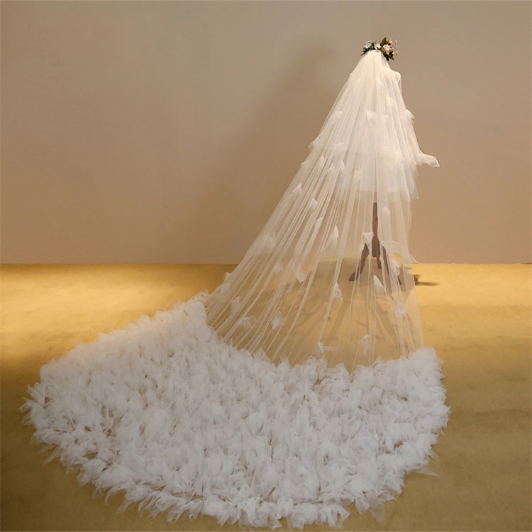 

New Lace Long Bridal Veil Thousand Paper Crane Flowers Big Tail Long Veil Bride Wedding Dress 3 Meters Veil