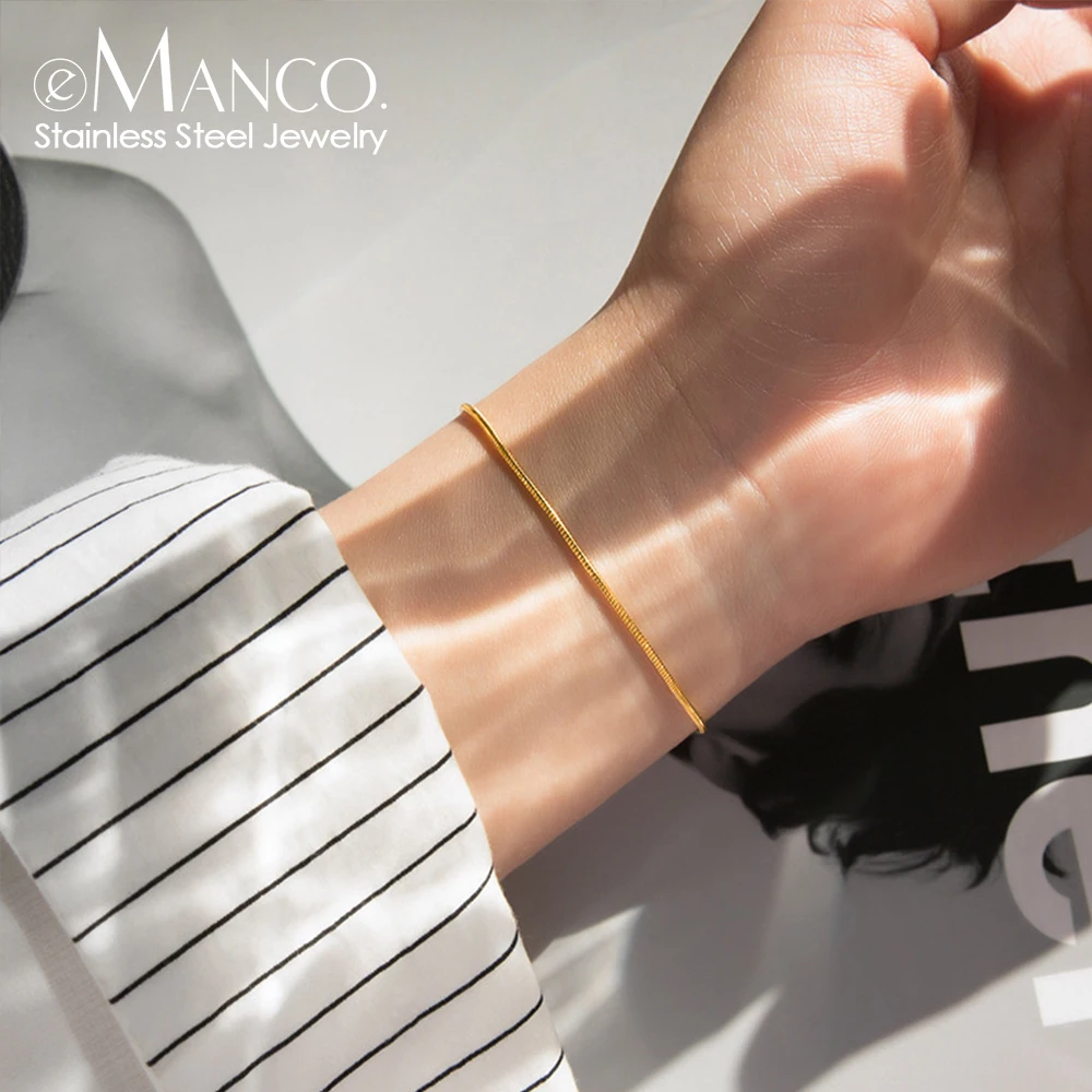 EManco Minimalist Stainless Steel Mens Women Snake Chain Bracelets 14k Gold Plated Flat Thin Snake Chain Bracelets