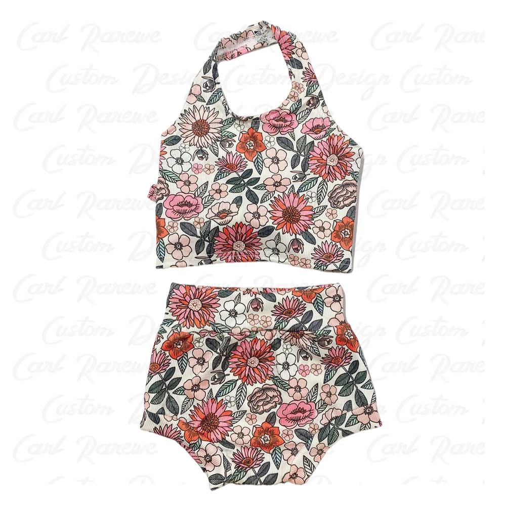 

Free shipping Wholesale RAREWE factory kids Back Tie Tank Halter Top and Bummies Outfit Sets OEM, #1,#2,#3