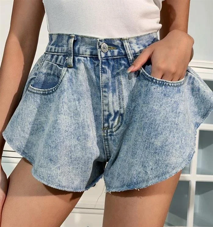 

2021Fashion Travel Vacation Ruffle Female High Waist Pocket Wide Leg Super Shorts Work Out Denim Trousers women jean shorts, Picture