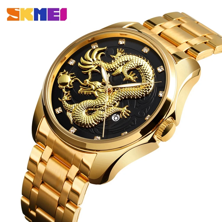 

SKMEI 9193 Men's Watches Golden Dragon Quartz Watch Men Luxury Stainless Steel Oem Mens Watch, As picture