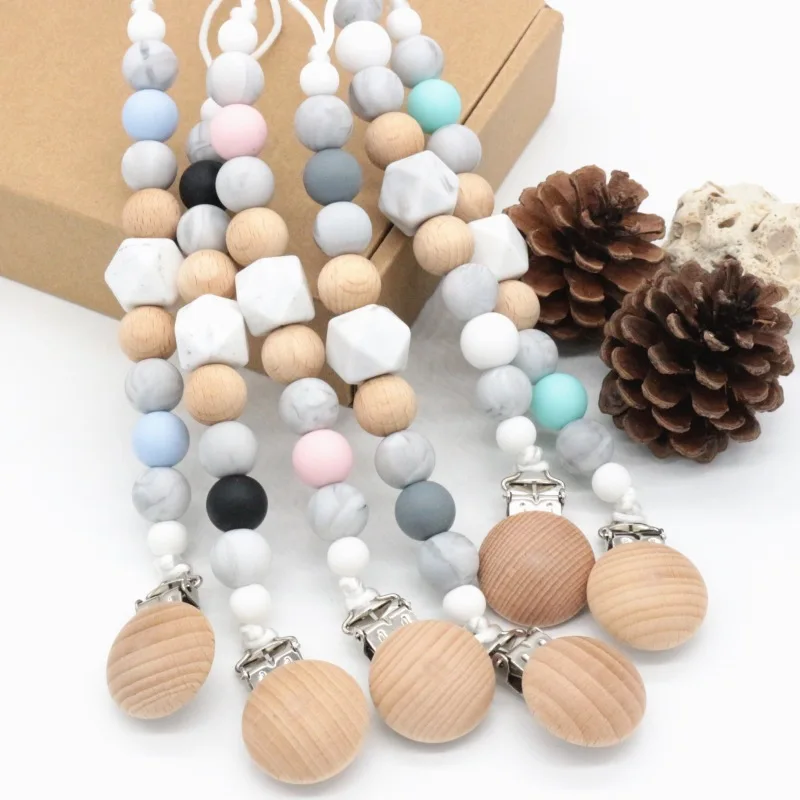 

Feiyou Hot Sale New Design Anti-off Food grade BPA free Cute Pacifier Holder Chain Clip Baby Wooden Dummy Pacifier Clip