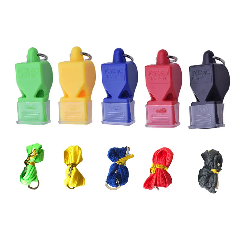

Wholesale Outdoor Sports Whistle Safety Plastic Fox Classical Whistle 40 With Lanyard, Red , blue , green , black , yellow