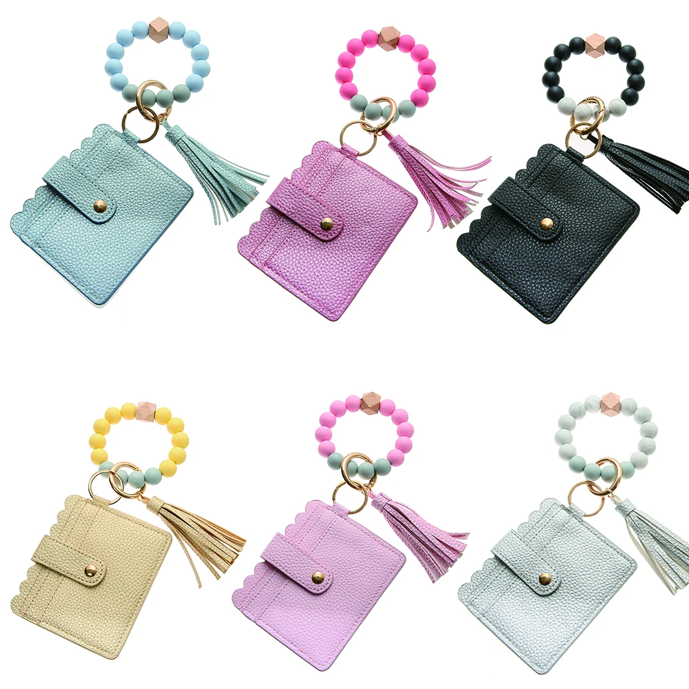 

Bracelet Keychain colorful Silicone Bead Wristband PU Tassel Card Case decoration car key chain women Jewelry for gifts, Picture