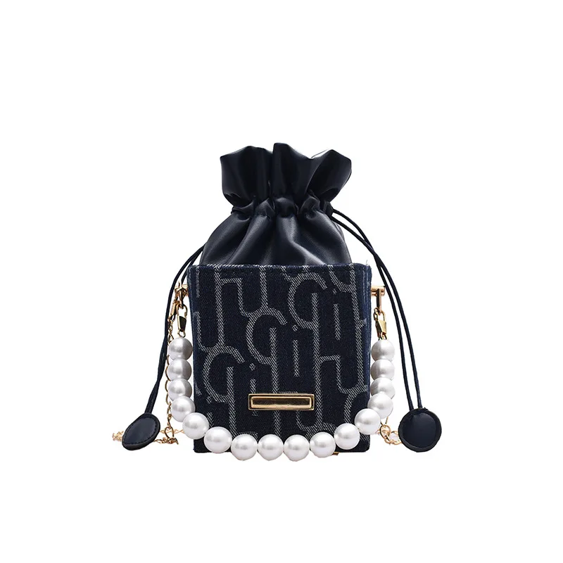 

Cute Fresh Pearl Chain Small Bucket Bag Ladies New Trendy Purses Portable Crossbody Handbag Shoulder Bag For Girls