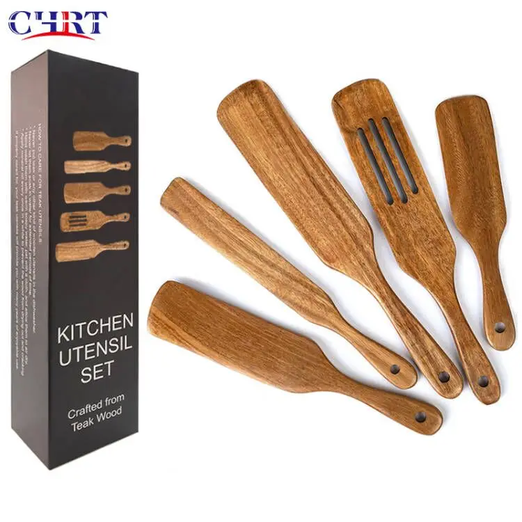 

CHRT Natural Bamboo Acacia Wood Teak Wood Spatula 4-piece 5-piece Cheap Wooden Spurtle Set Stirring Kitchen Utensils Tools, Natural color