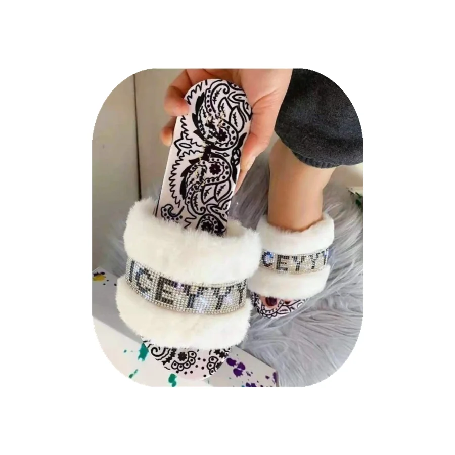 

2021 Hot style slippers new women rhinestone slippers thick sole fur slippers ladies large size foreign trade fur shoes, As picture