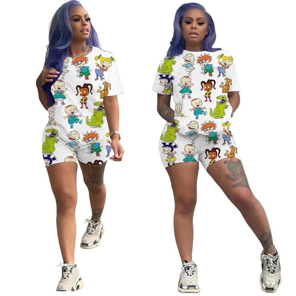 

Summer Cute Cartoon Printed Tops and Shorts Rugrats Two Piece Set Women Clothing, As picture