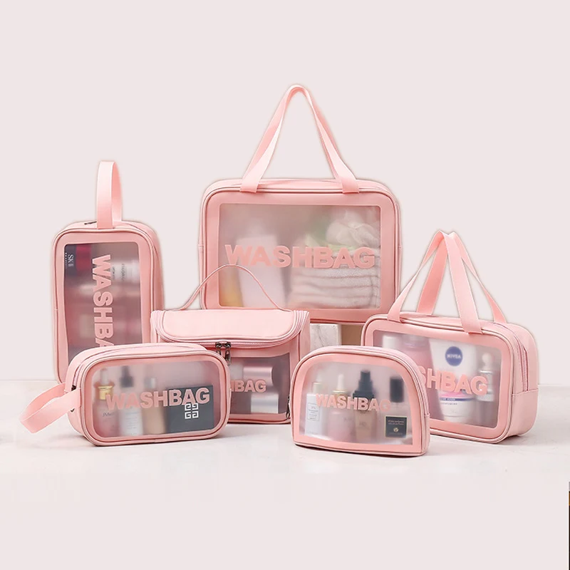 

Custom Private Label Cute Pink Pu Pvc Clear Travel Wash Vanity Storage Cosmetic Bag Toiletry Bag Women Makeup Bag, 3 colors