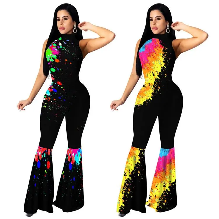 

0820M013 Hot Sell Sleeveless Tie Dye Ladies One Piece Jumpsuits And Rompers Women's Full Length Flare Jump Suit
