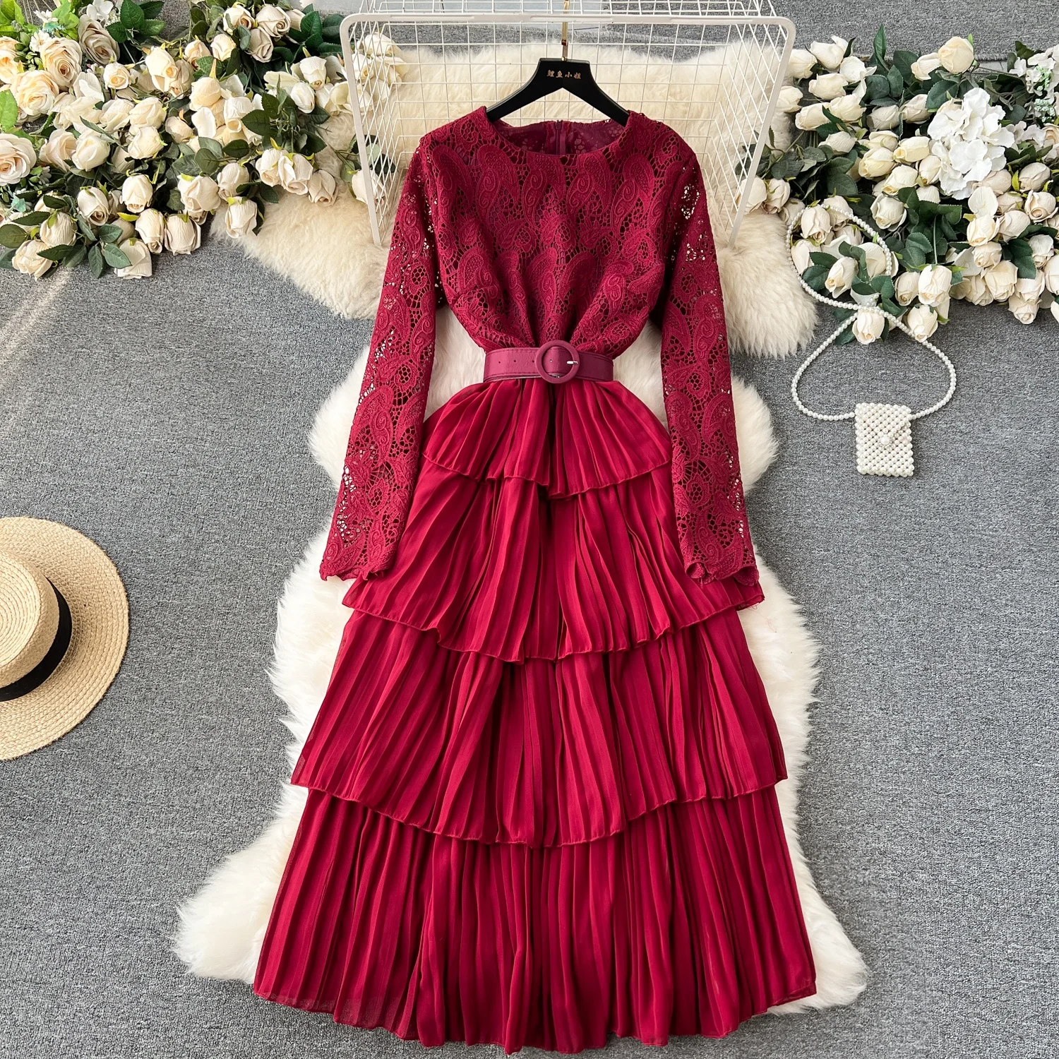 

Wholesale 204 O-neck Red Dress Summer Bellflower French Retro First Love Temperament Fairy Dress Seaside Holiday Long Dress