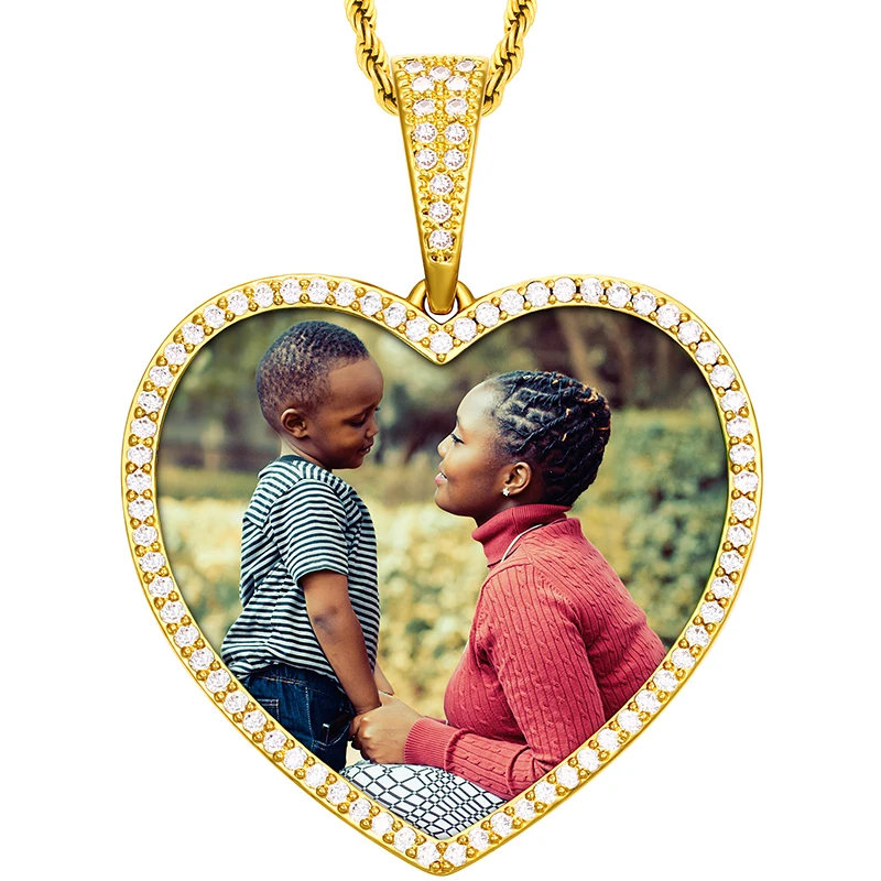 

Drop Shipping Hip Hop Jewelry Sublimation Blanks 18K Gold Plated Iced Out Heart Custom Photo Frame Pendant Necklace, Gold&silver&rose gold