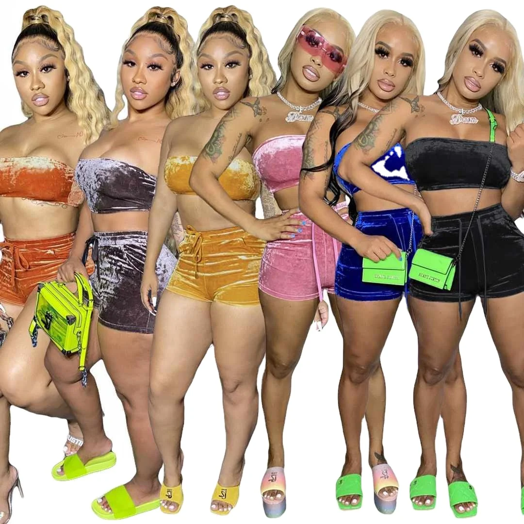 

Summer Casual Solid Color diamond velvet strapless tops 2 Piece Short Set Women