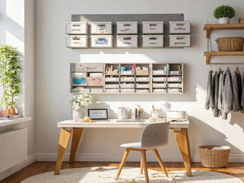 Craft room with labeled bins and wall organizers