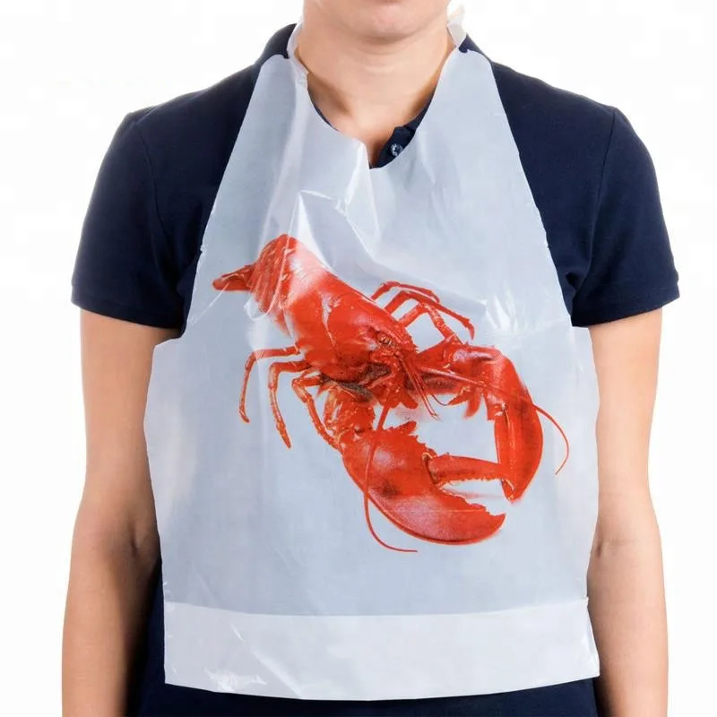 Factory Produce Lobster Crab Sea Food Custom Printed Dinning Apron Disposable Plastic Restaurant Bib 