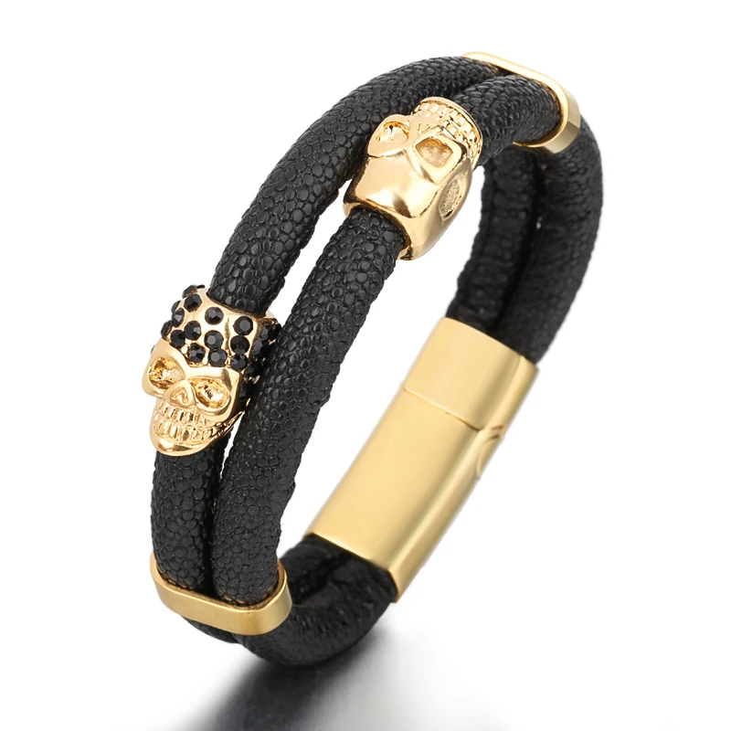 

Double black leather men's bracelet gold skull stainless steel bracelet, Gold,silver,black