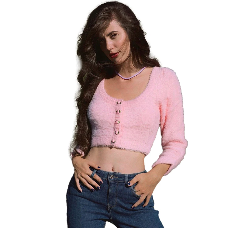 

Fall Winter Cardigan Sweet Girl Pink Low Round Collar Designer Fashion Crop Tops Lady Knitting Soft Cardigan