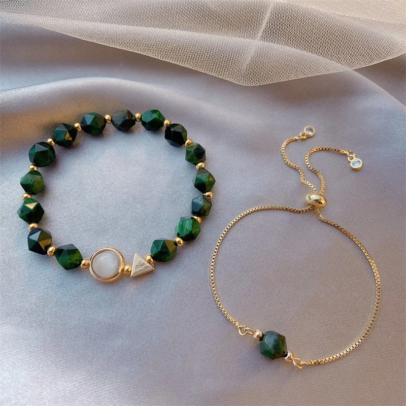 

Simple green gemstone bracelet fashion design adjustable bracelet set of 2 pieces