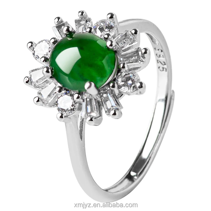 

Certified Grade A Natural Emerald Green Ring Ice Jade Stone S925 Silver Luxury Inlaid Fashion Ring Women's Ring Adjustable