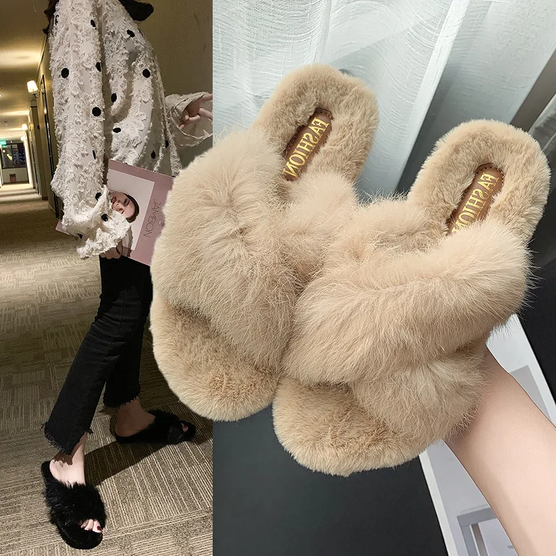 

2020 rabbit hair slippers cheaper ladies thick bottom one-character hair slippers fashionable women shoes, Black, beige, khaki