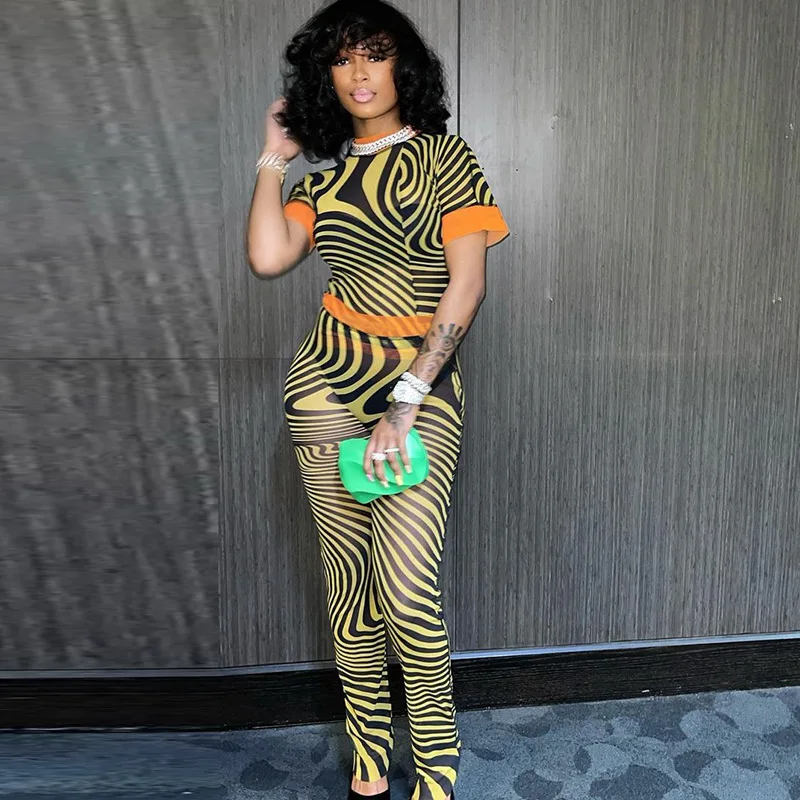 

YIWU QIUDUN New Boutique Fall Yellow Short Sleeve Hollow See-through Mesh Womans 2 Piece Sets