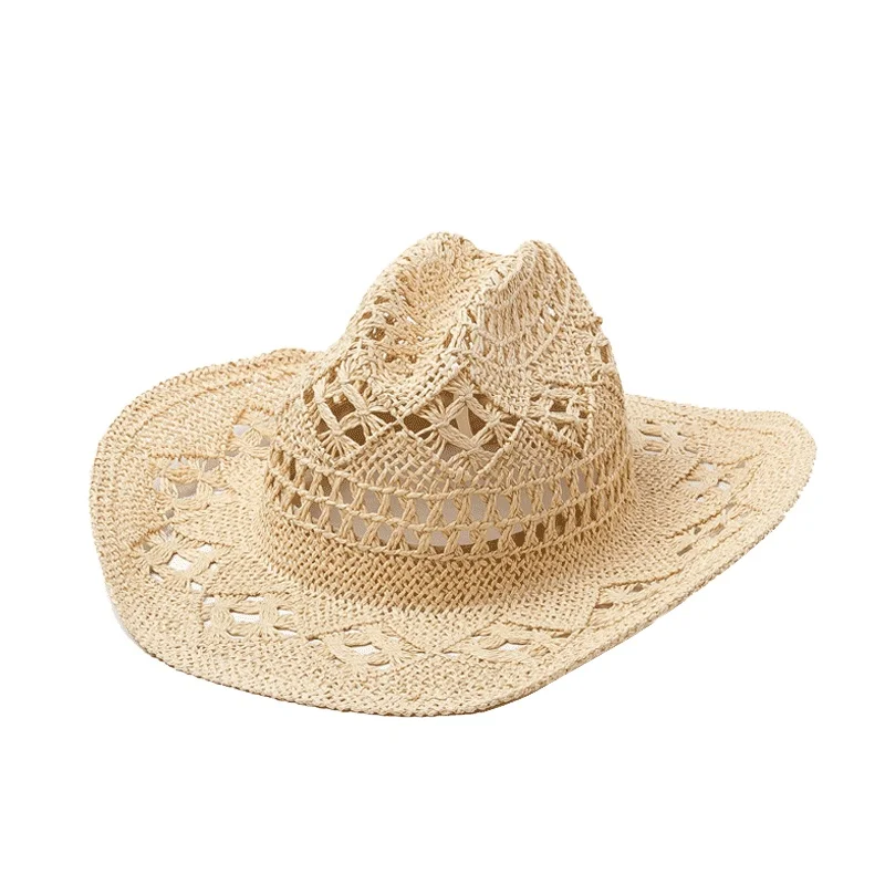 

Shinehats Sombrero Brim Women Summer Beach Hollow Out Straw Hat for Hawaii Solar Cowboy 56cm Head Circumference 9cm Floppy OEM