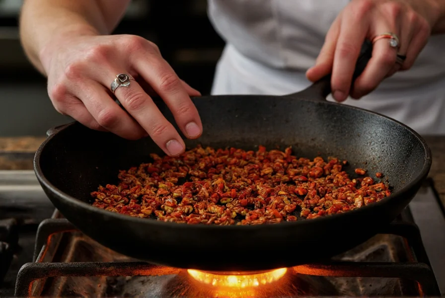 Chef toasting dried chili peppers in cast iron skillet over gas flame
