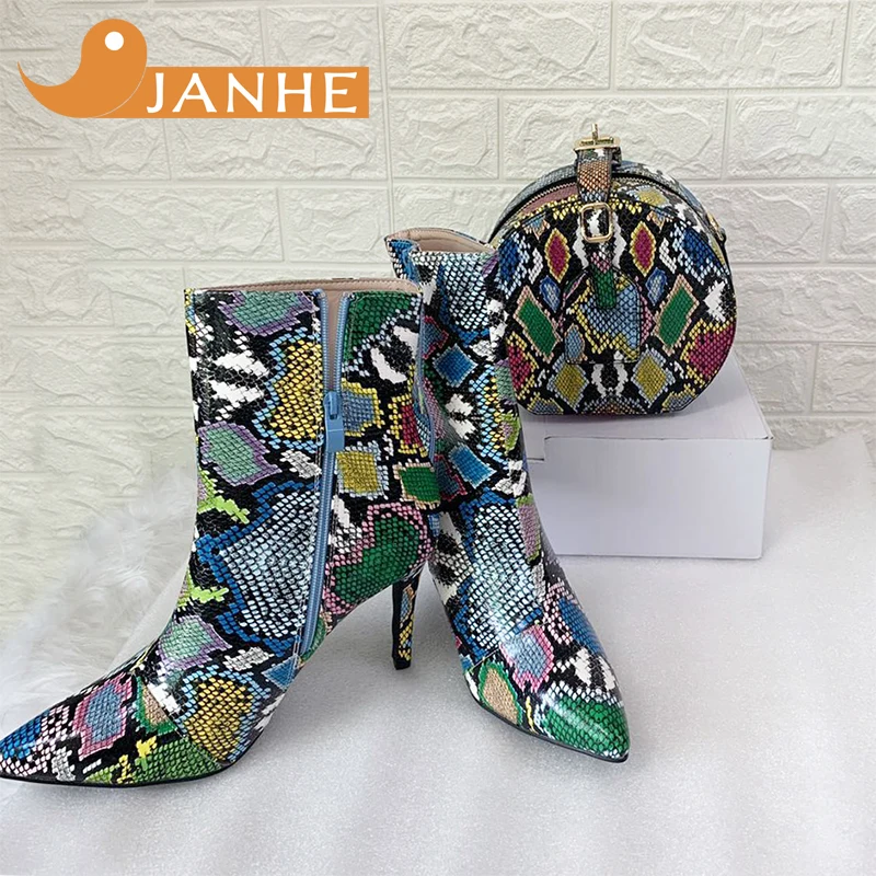 

2020 Trending Ladies Snakeskin Shoulder Handbags Matching Purse And Slipper Heels Boots Set For Women