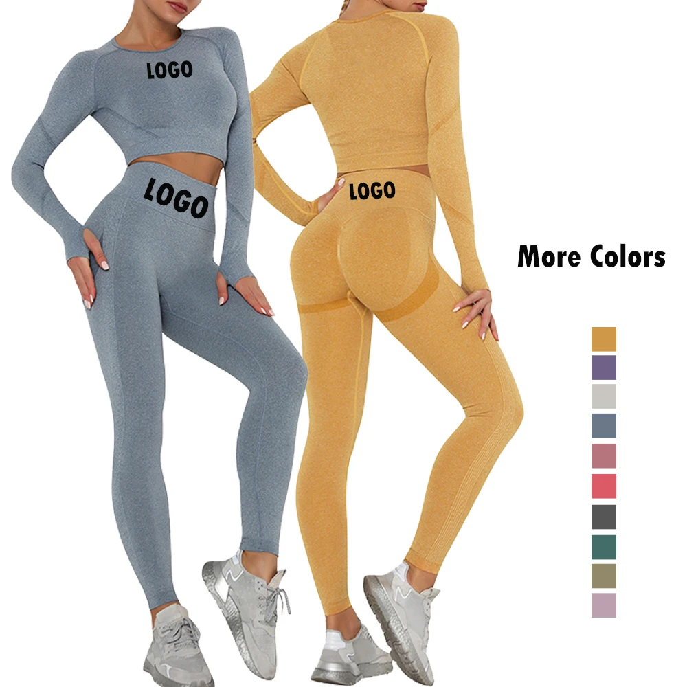 

2020 Women Seamless Yoga Outfits Long Sleeve Thumb-hole Crop Top Workout Leggings Butt Lifting Two Piece Clothing Sets, As shown