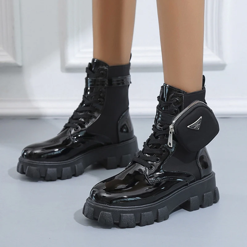 

Drop Shipping Chunky Heel Ankle Boots leather boots platform Female Motorcycle Shoes Women's winter boots, White, black