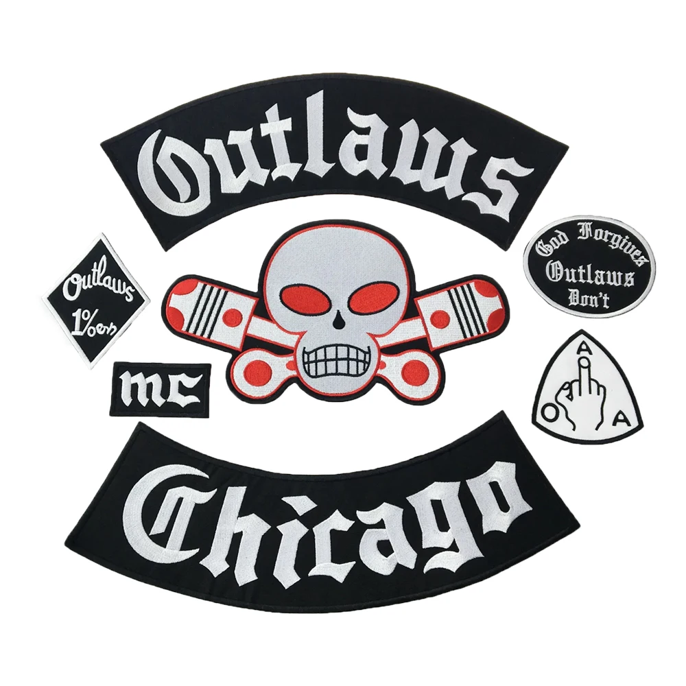 

Outlaw Chicago Biker Jacket Full Back Custom Patch Iron on Embroidery Patches for Motorcycle Rider Vest Accessories