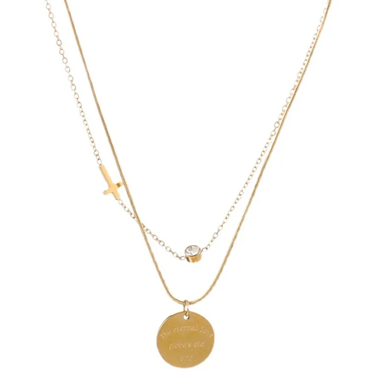 

Wholesale New Fashion Women Titanium Steel Layered Cross Vintage Circular Letter Pendant Necklace