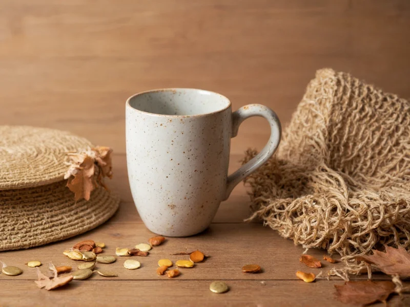 Handcrafted ceramic mug and woven basket on wooden table