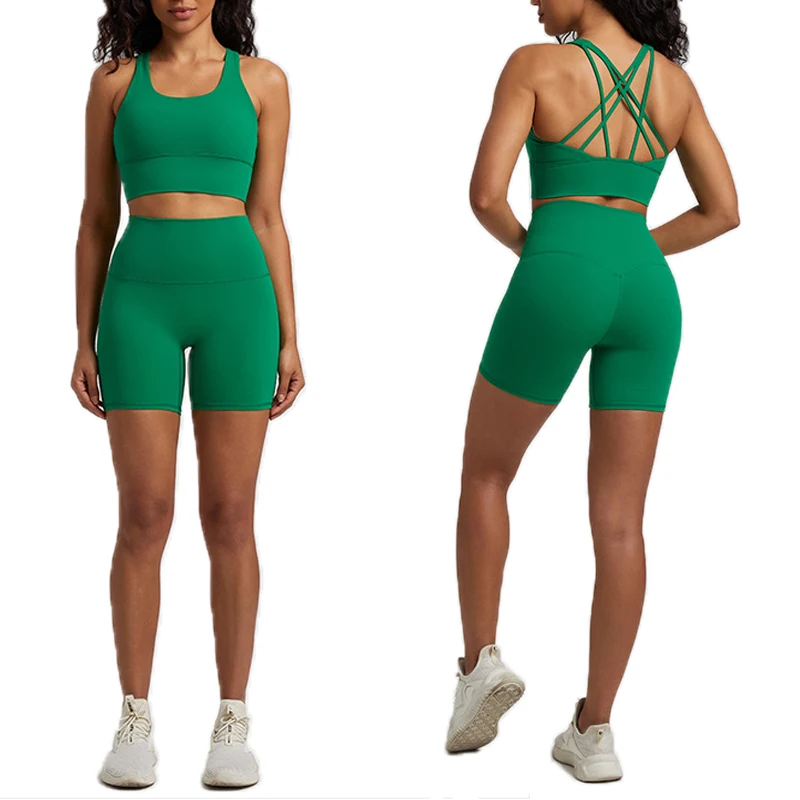 

Long Line Sports Bra High Waist V Back Sexy Cross Back Thin StrapHip Two Piece Yoga Gym Workout Suit Fitness Sets Women