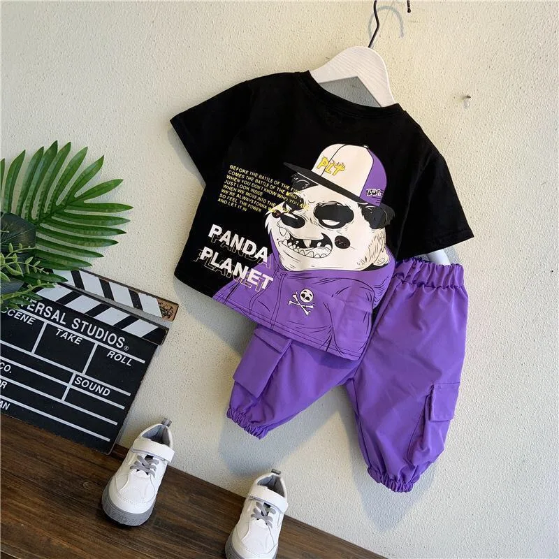 

New arrival summer casual Boys 2 Pieces Clothing Set short sleeves cartoon printed t shirt + pants clothing set for kids, Picture shows