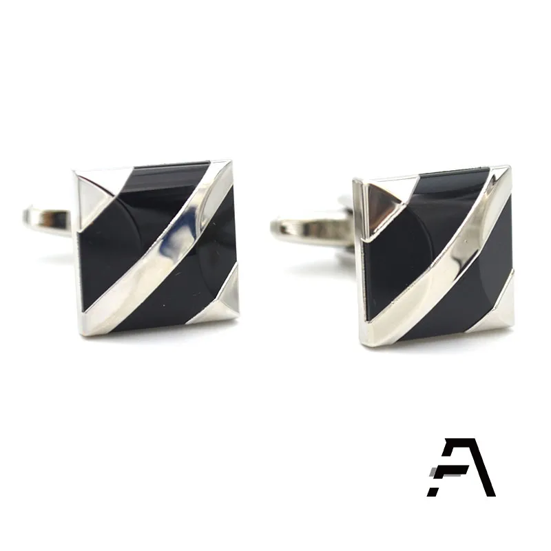 Black Agate Silver Stripes Business Mens Cufflinks Wholesale Price Dongguan Fancy