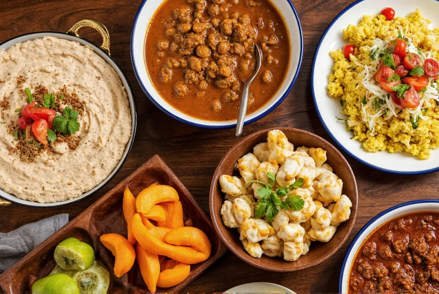 Various dishes featuring cumin including Indian curry, Mexican chili, and Middle Eastern hummus arranged on a wooden table