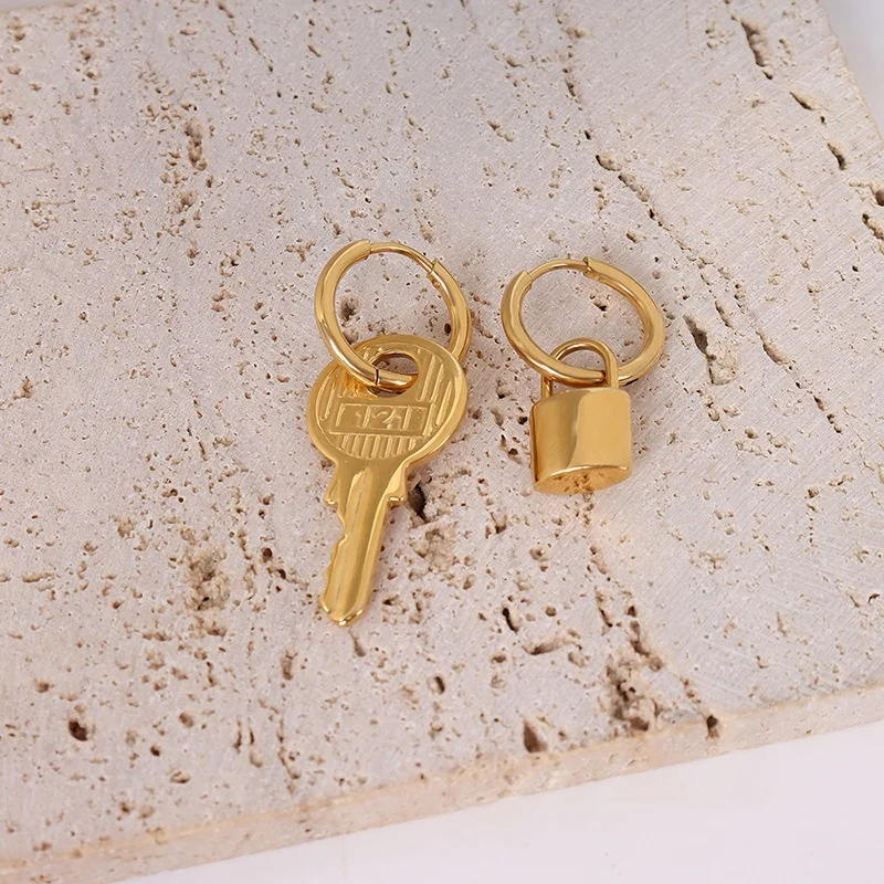 

Asymmetric stainless steel key lock drop earrings
