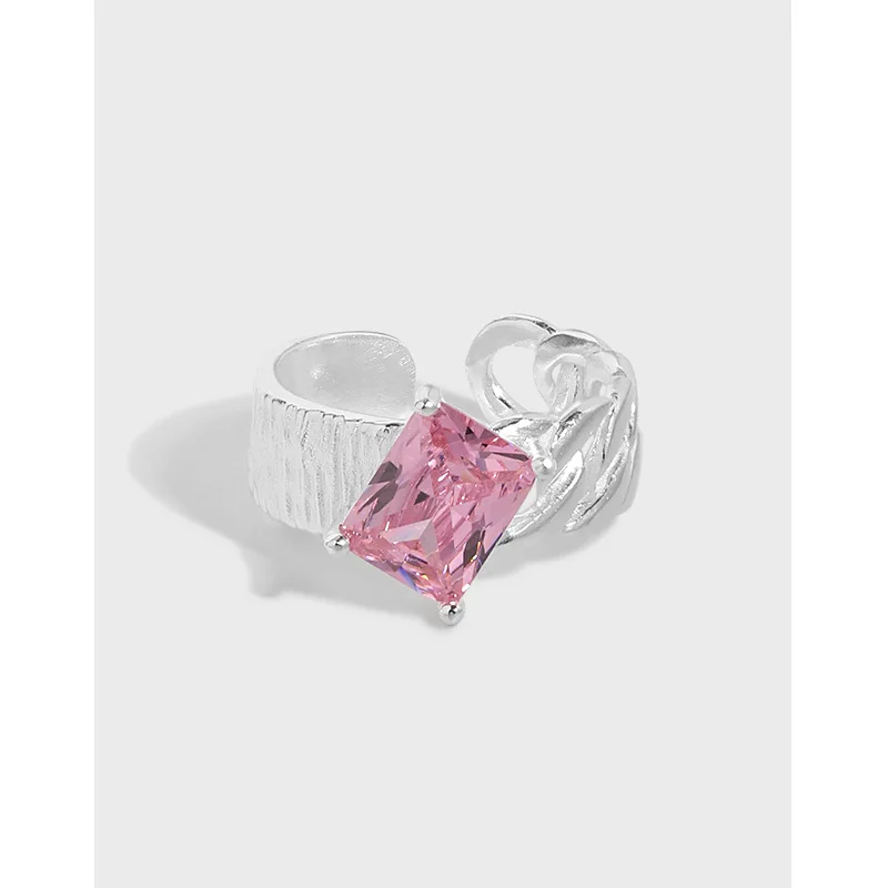 

Elegant New Design S925 White Pink Cubic Zircon Open Rings Sterling Silver Link Chain Square CZ Finger Rings For Women Girls