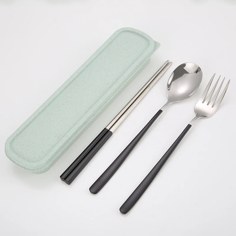 

Reusable stainless portable camping black travel cutlery set with box