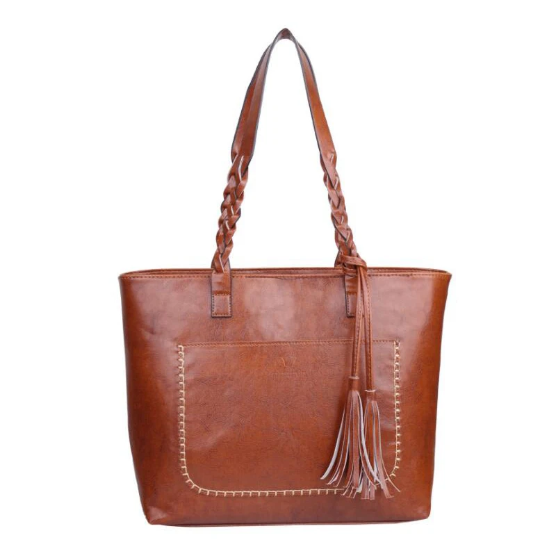 

New Arrival Simple Handbag Wholesale Woman Large Solid Color Pu Leather Tote Bag With Tassel