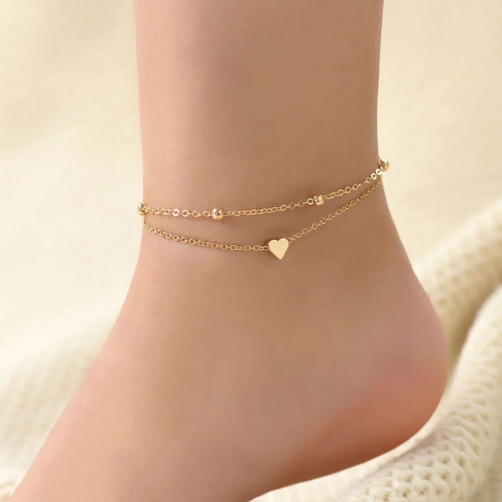

Ebay hot sale popular women fashion seaside beach gold temperament beaded beads chain peach heart double bracelets anklet, As picture