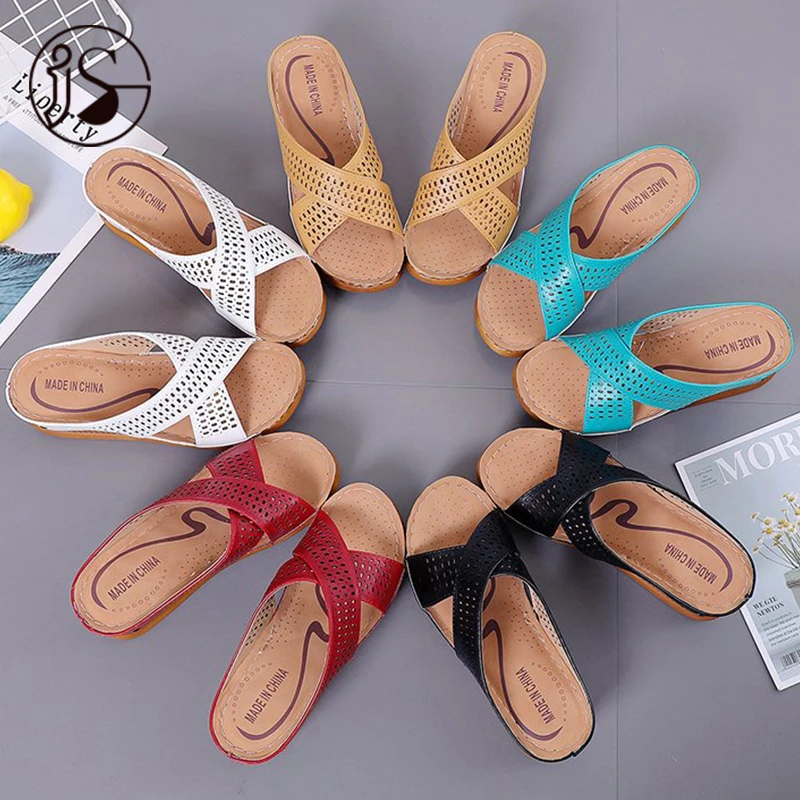 

Roman style slippers Cross strap fashion slippers Ladies' summer thick soled Comfortable wedge heels lady slippers, Picture