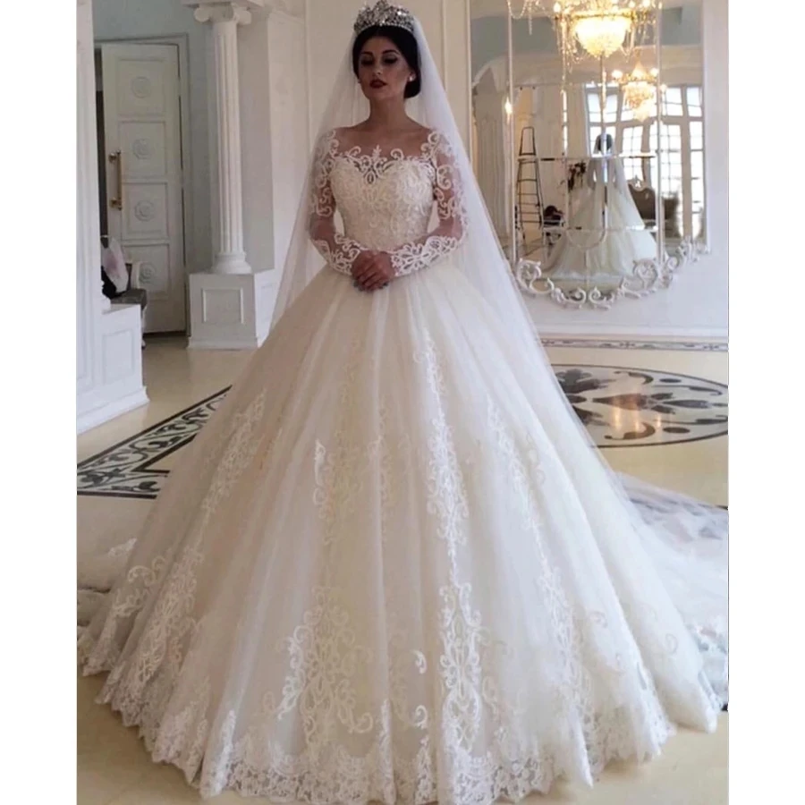 

NE225 Long Sleeves Tulle Ball Gown Wedding Dress 2022 Real Vestidos De Novia Charming Court Train Formal Bride Dresses, Default or custom