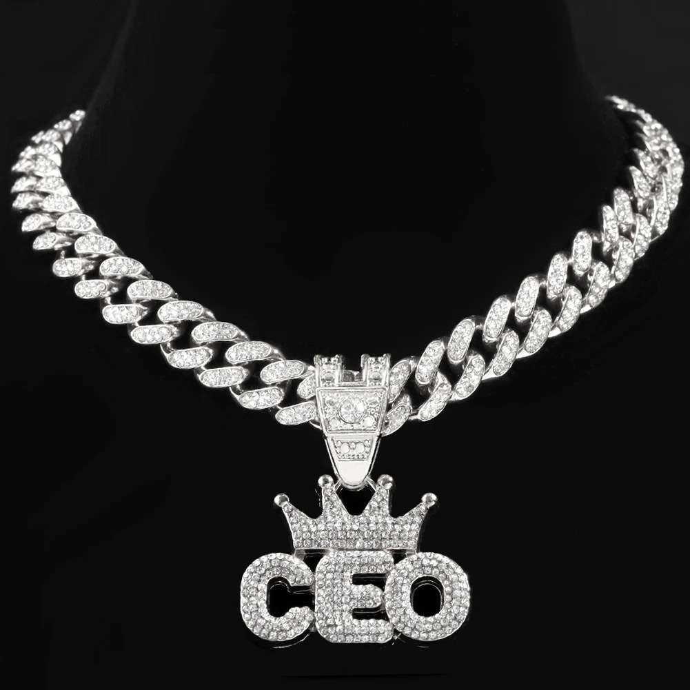 

Luxury Cuban Steel Chain Necklace For Men Cubic Zircon Royal Crown Letter Pendant Iced Out CEO Necklace, Gold silver plated