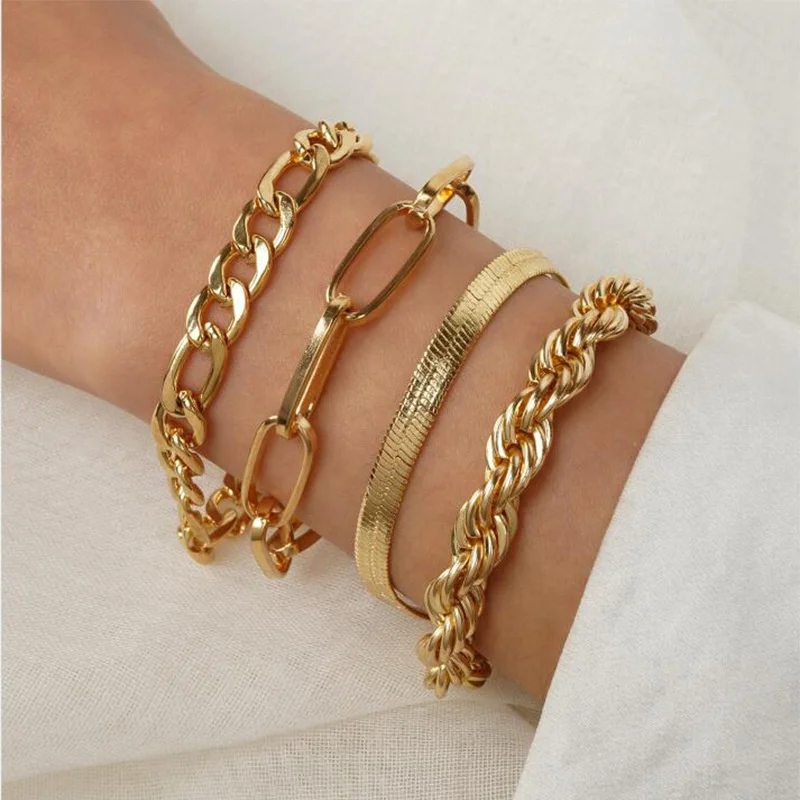 

Fashion retro wind exaggeration thick chain set bracelet men and women simple gold bracelet bracelet 4 sets of wholesale, Gold color